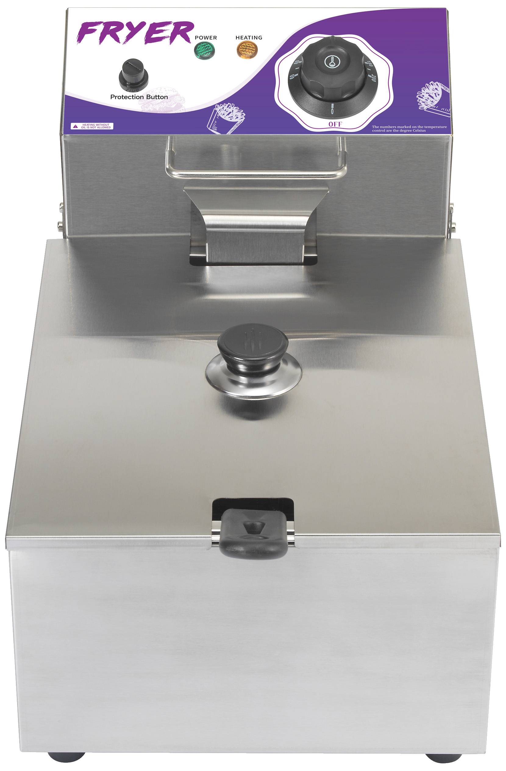 Frytownica z obudową ze stali nierdzewnej i fioletowym panelem sterowania. Widoczne elementy obsługi: przycisk włączania/wyłączania, wskaźniki zasilania i grzania.