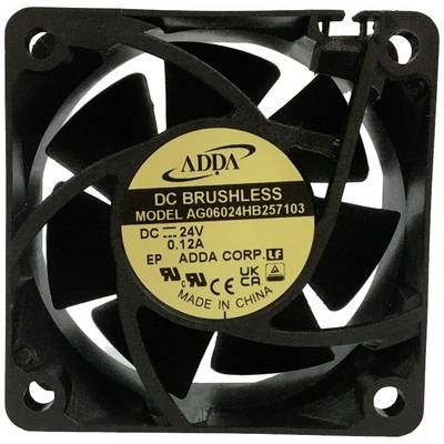 Czarny wentylator komputerowy z żółtą naklejką. Napis: 'ADDA, DC Brushless, Model AG06024HB257103, 24V, 0.12A, Wyprodukowano w Chinach'.