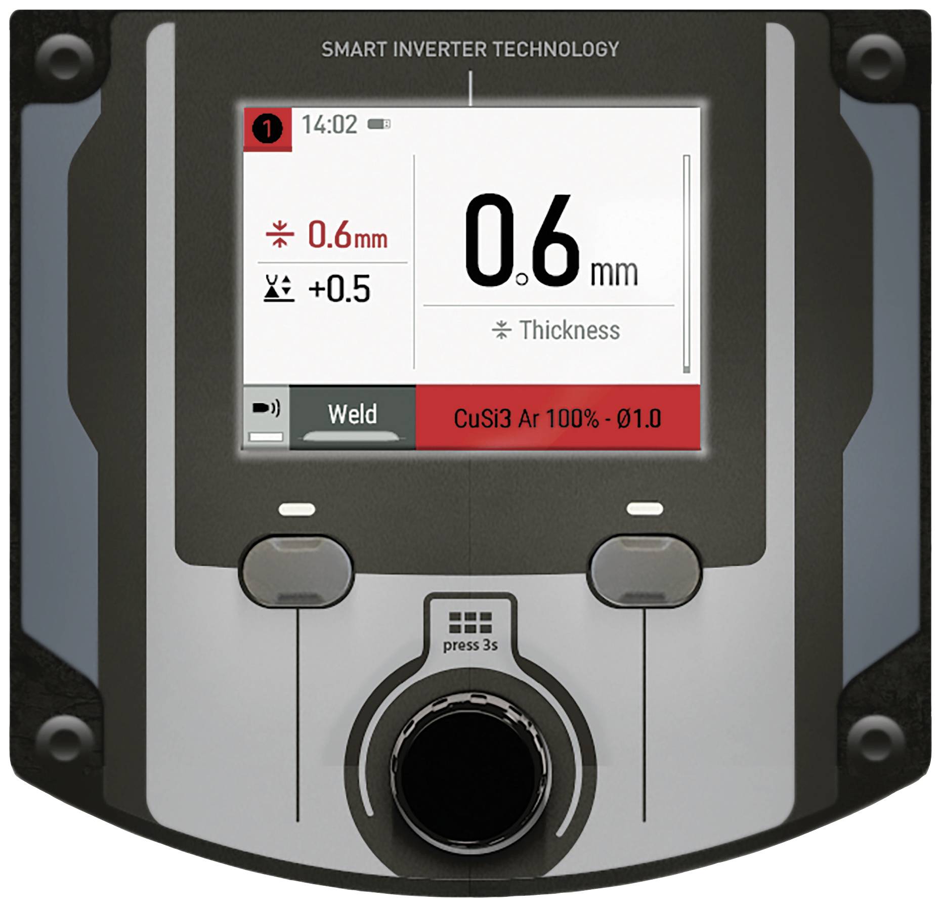 Wyświetlacz urządzenia spawalniczego pokazuje grubość 0,6 mm. Ekran zawiera parametry takie jak gaz 'CuSi3 Ar 100%'.