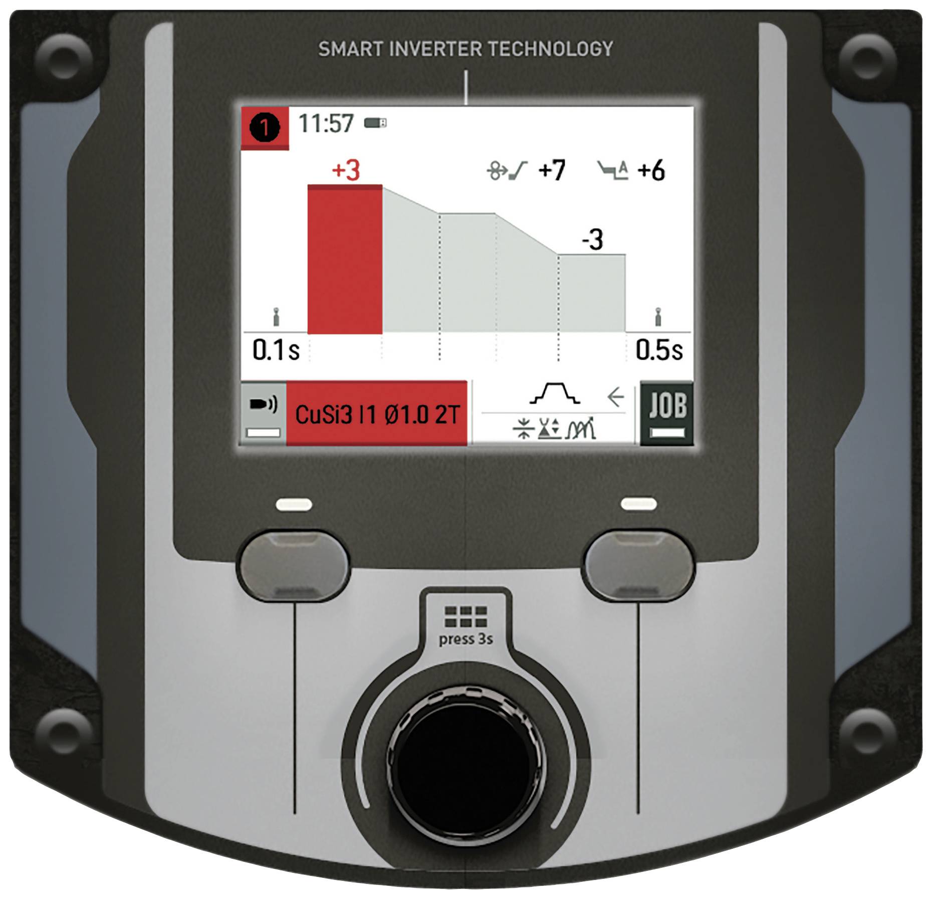 Panel sterujący z wyświetlaczem pokazuje grafikę. Po lewej stronie: pasek postępu czasu. Po prawej stronie: symbole i liczby do ustawień i kontroli.