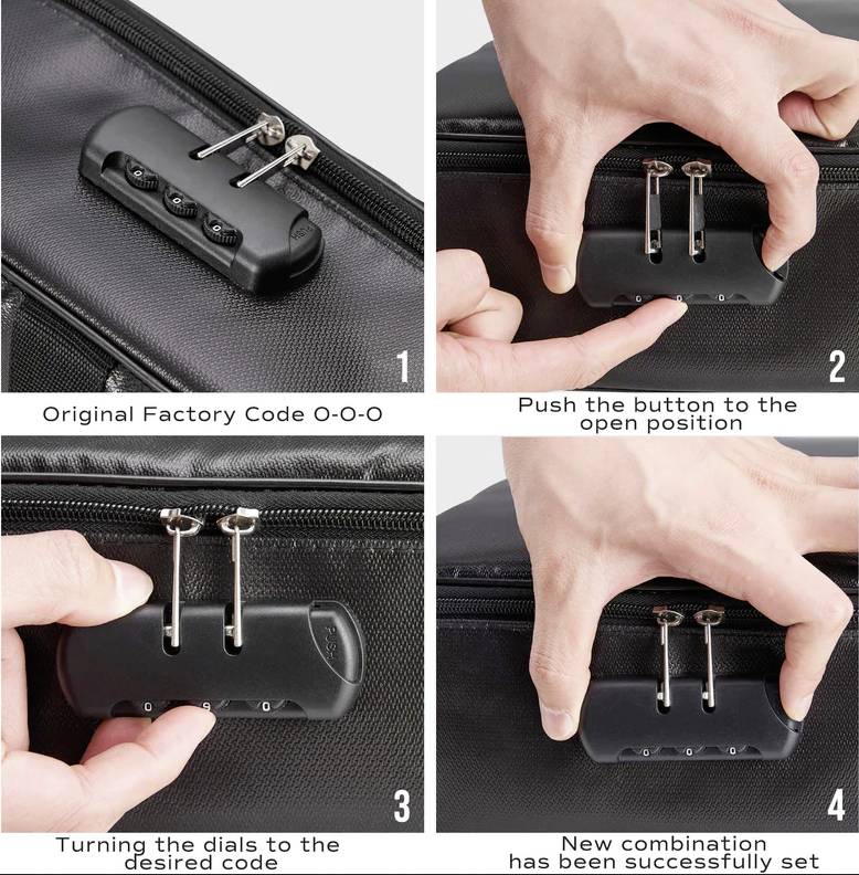 Kroki zmiany kombinacji zamka: 1) Ustawić kod standardowy, 2) Nacisnąć przycisk, 3) Obrócić na żądany kod, 4) Nowy kod został zapisany.