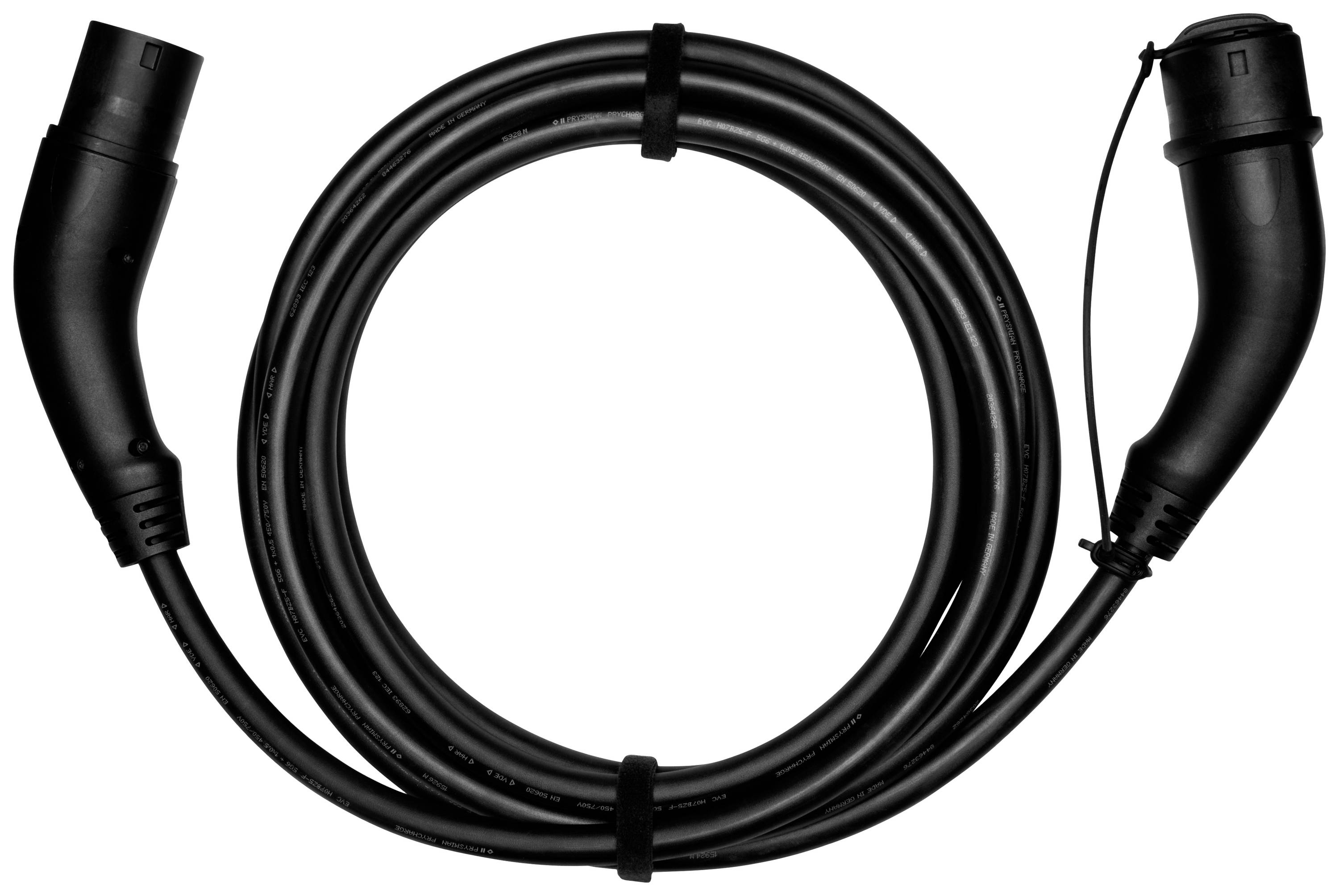 Elektryczny kabel ładujący z dwoma wtyczkami, przeznaczony do użytku w pojazdach elektrycznych. Przedstawiony jest w układzie kołowym.