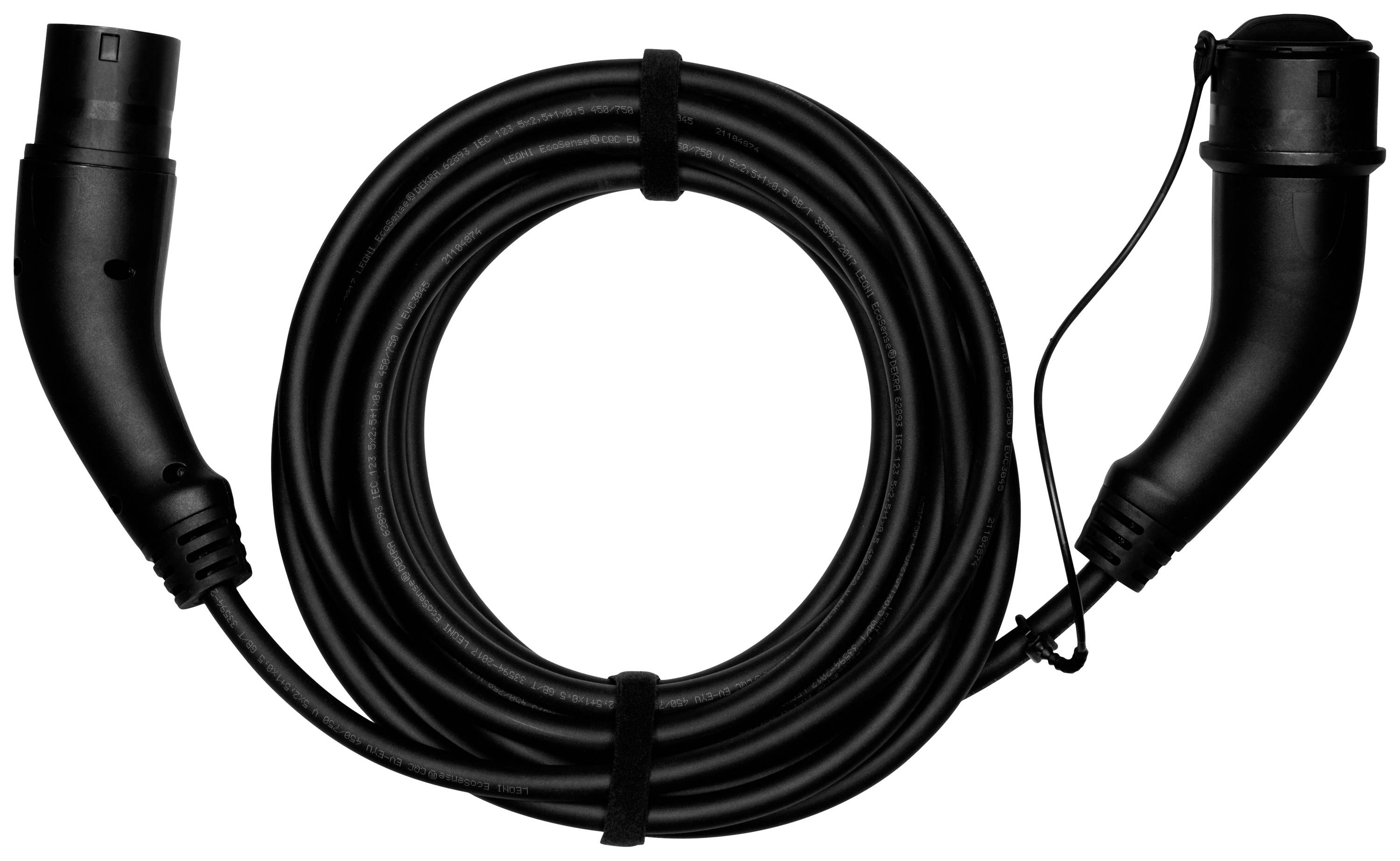 Czarny, zwinięty kabel do ładowania z dwoma wtyczkami na końcach, prawdopodobnie przeznaczony do ładowania pojazdów elektrycznych.