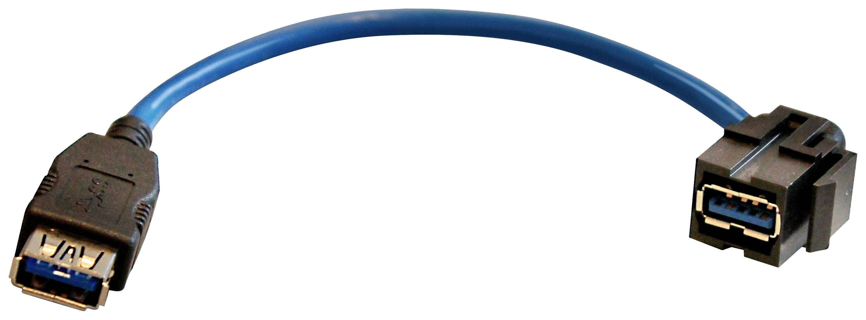 Krótki niebieski kabel połączeniowy USB 3.0 z dwoma różnymi wtyczkami.