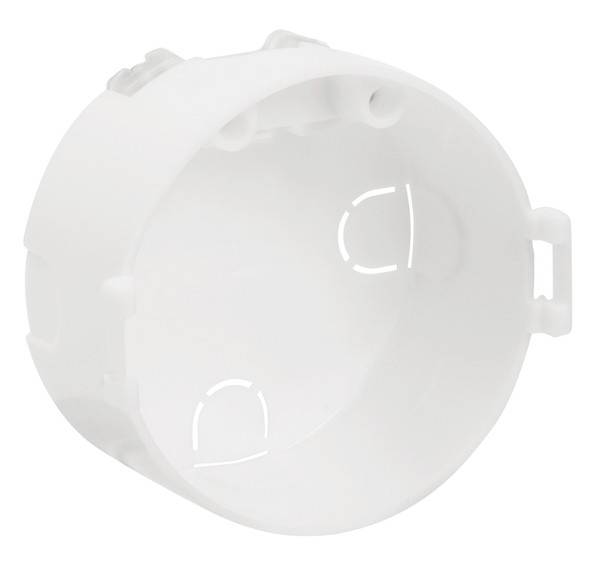Biała puszka instalacyjna podtynkowa, cylindryczna, wykonana z tworzywa sztucznego, przeznaczona do montażu elementów elektrycznych w ścianach.