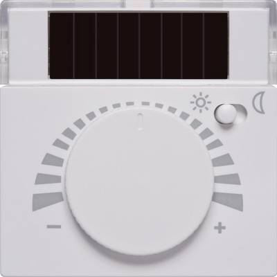Biały obrotowy regulator z podziałką i symbolami słońca oraz księżyca. Regulator prawdopodobnie steruje jasnością lub temperaturą.