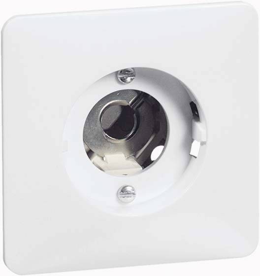 Biała, naścienna wtyczka F satelitarna z okrągłym gniazdem pośrodku i dwoma śrubami mocującymi.
