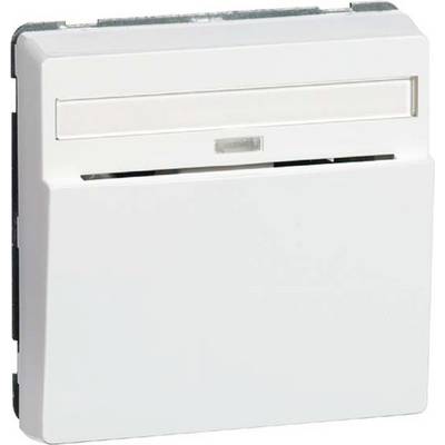 Biały elektryczny włącznik podtynkowy na ścianie, o prostokątnym kształcie i wąskim, przezroczystym wkładzie na szczycie.