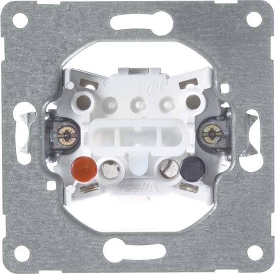 Zbliżenie niezmontowanego przełącznika z metalową ramką i powierzchnią z tworzywa sztucznego, widoczne są mocowania śrubowe i złącza.