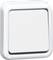 Prosty, kwadratowy włącznik światła z białą ramką i lekko teksturowaną powierzchnią.