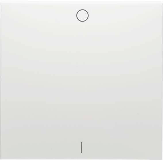 Kwadratowy, biały włącznik światła z okrągłym symbolem na górze i wąską linią na dole. Minimalistyczny design.