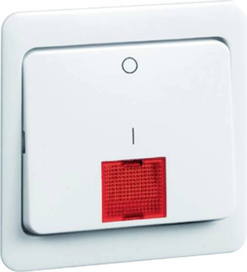 Biały przełącznik naścienny z czerwoną kontrolką sygnalizuje, czy obwód elektryczny jest włączony.