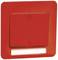 Czerwony włącznik światła z subtelnym białym panelem poniżej. Przełącznik posiada okrągłe oznaczenie na górze i rowek na dole.
