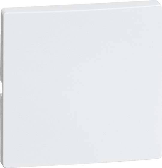 Kwadratowy, biały włącznik światła o gładkiej powierzchni, pozbawiony widocznych przycisków lub wskaźników, umieszczony na neutralnym tle.