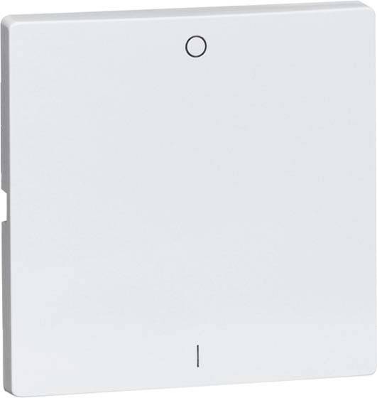 Biały włącznik światła z małym okrągłym przyciskiem na górze i pionową linią na dole.