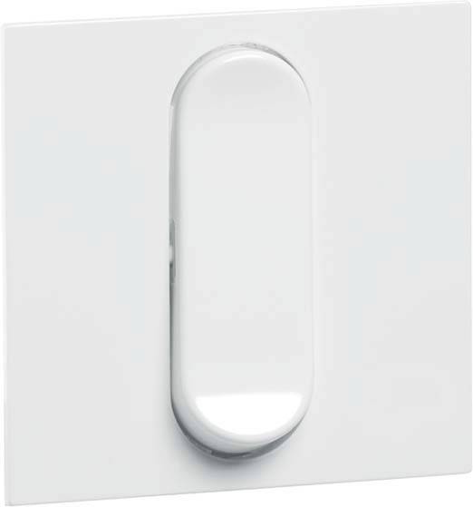 Biały włącznik światła na środku białej podtynkowej płyty ściennej. Przełącznik jest prostokątny i lekko zaokrąglony.