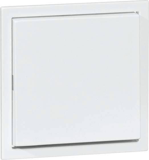 Kwadratowy, biały włącznik światła o prostym designie, zamontowany na białej ścianie.