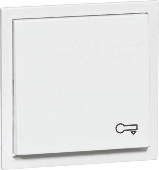 Biały włącznik światła na ścianie z małym czarnym symbolem klucza w dolnym prawym rogu.