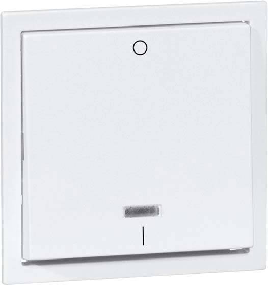 Biały przełącznik światła na ścianie, wskazujący pozycję 'I' do włączania lub wyłączania.