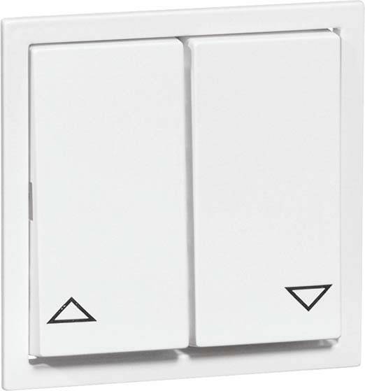 Podwójny przełącznik z dwoma białymi przełącznikami. Lewy przełącznik posiada trójkąt skierowany w górę, prawy zaś skierowany w dół.