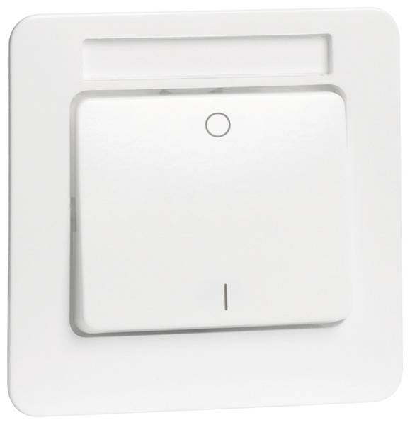 Włącznik światła w zbliżeniu, kwadratowy, biały, z symbolem włączania/wyłączania pośrodku u góry.