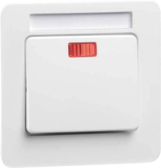 Włącznik światła z czerwoną kontrolką sygnalizującą stan włączenia lub wyłączenia, zamontowany w białej ramce.