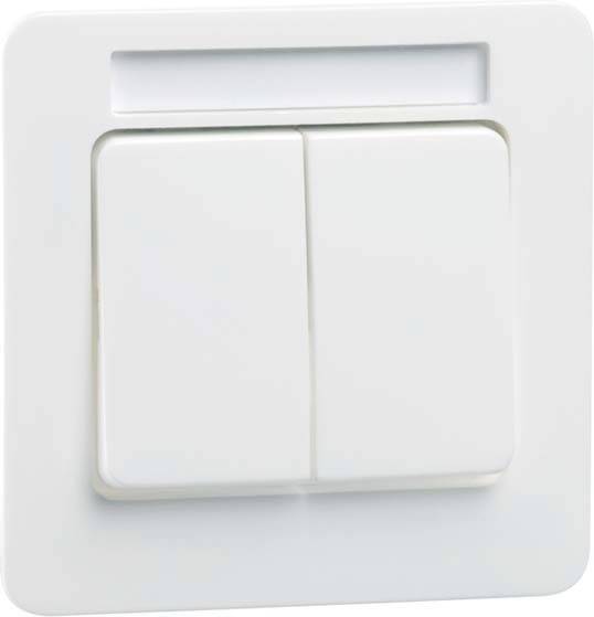Biały podwójny włącznik światła w prostokątnej ramce naściennej, przeznaczony do sterowania dwoma źródłami światła.