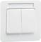 Biały podwójny włącznik światła w prostokątnej ramce naściennej, przeznaczony do sterowania dwoma źródłami światła.