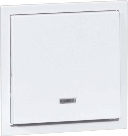 Biały włącznik światła z prostokątną płytką zamontowany w ścianie, bez widocznych napisów lub oznaczeń.