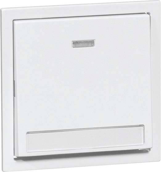 Włącznik światła z prostokątną ramką, w białej osłonie. Na górze mała prostokątna tabliczka, na dole wąski pasek.