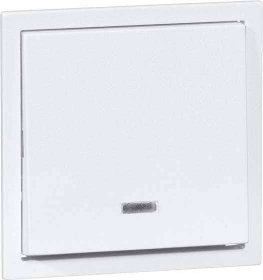 Biały włącznik światła wmontowany w ścianę, o kształcie kwadratu, z małym prostokątnym wskaźnikiem u dołu.