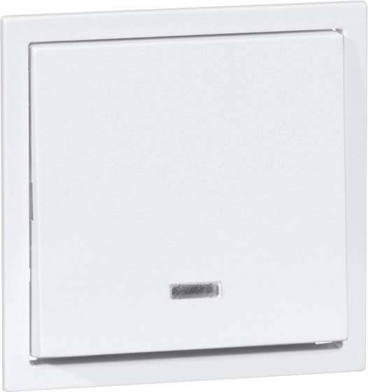 Biały włącznik światła w kształcie kwadratu, zamontowany na ścianie.