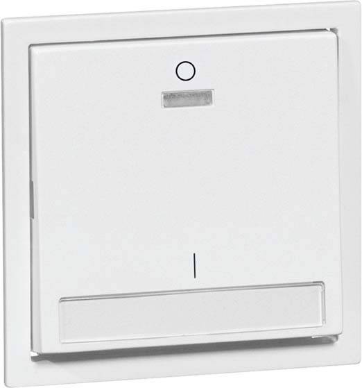 Biały włącznik światła o prostokątnym kształcie, z małym czujnikiem u góry oraz wąskim, przezroczystym przyciskiem do obsługi na dole.