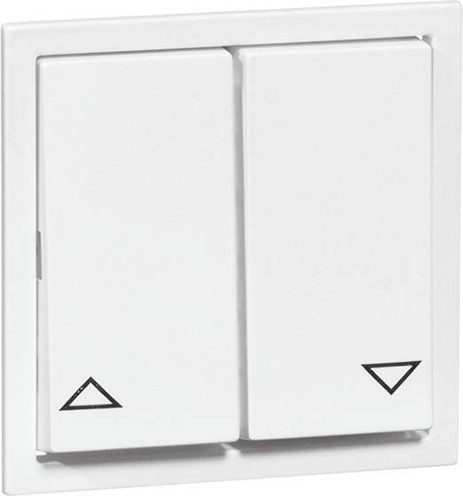 Dwa białe włączniki światła obok siebie, lewy oznaczony trójkątem skierowanym w górę, prawy trójkątem skierowanym w dół.