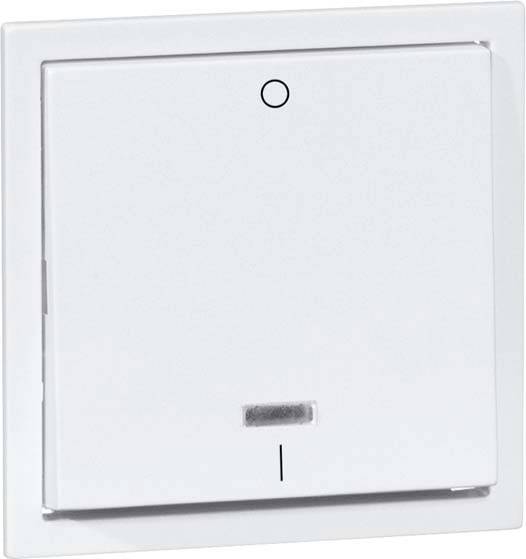 Białe włączniki światła z małym kółkiem na górze i poziomą kreską na dole, przeznaczone do montażu ściennego, o prostokątnym i minimalistycznym designie.