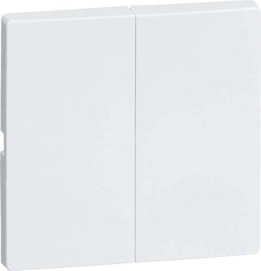 Biały, podwójny włącznik światła w neutralnym położeniu zamontowany na ścianie.