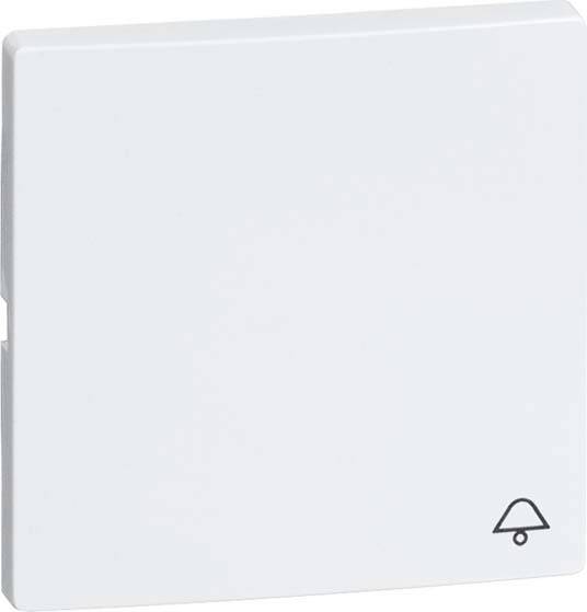 Nowoczesny, biały włącznik światła z symbolem dzwonka w dolnym prawym rogu; prosty design.