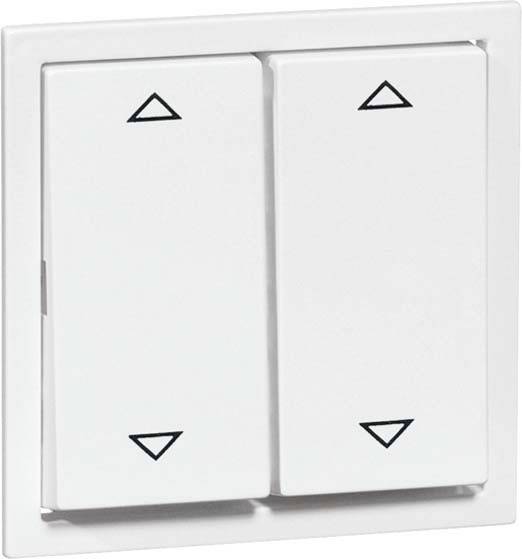 Podwójny przełącznik z czarnymi strzałkami skierowanymi w górę i w dół na obu przyciskach, prawdopodobnie służący do sterowania roletami.