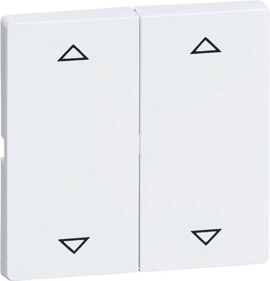 Dwa białe włączniki ze strzałkami w kolorze czarnym, skierowanymi w górę i w dół. Odpowiednie do sterowania roletami lub natężeniem światła.