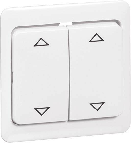 Podwójny przełącznik z oznaczeniami strzałek wskazującymi kierunek ruchu w górę i w dół. Odpowiedni do sterowania żaluzjami lub roletami.