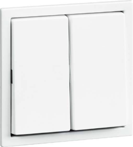 Biały podwójny włącznik światła na ścianie.