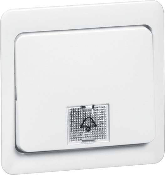 Biały przełącznik kołyskowy z małym, kwadratowym, przezroczystym wkładem przedstawiającym symbol głośnika.