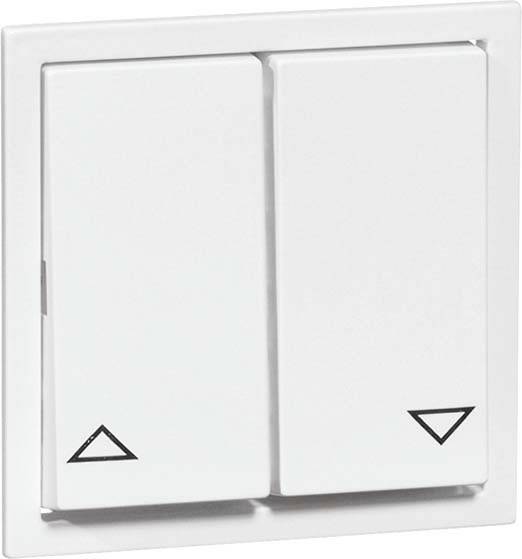 Podwójny włącznik światła z symbolami strzałek: strzałka w lewym górnym rogu, strzałka w prawym dolnym rogu. Prostokątny kształt, biały kolor, przeznaczony do użytku wewnątrz pomieszczeń.