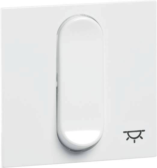 Prosty biały włącznik światła z symbolem żarówki w dolnym prawym rogu, wskazujący na funkcję włączania światła.