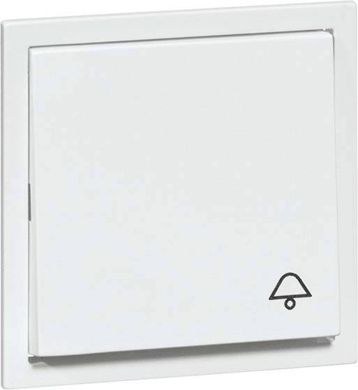 Biały przełącznik światła na ścianie, z symbolem dzwonka w dolnym prawym rogu.