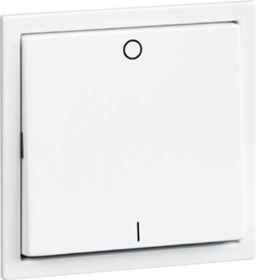 Biały włącznik światła z małym kółkiem na górze i kreską na dole, wmontowany w prostokątną osłonę.