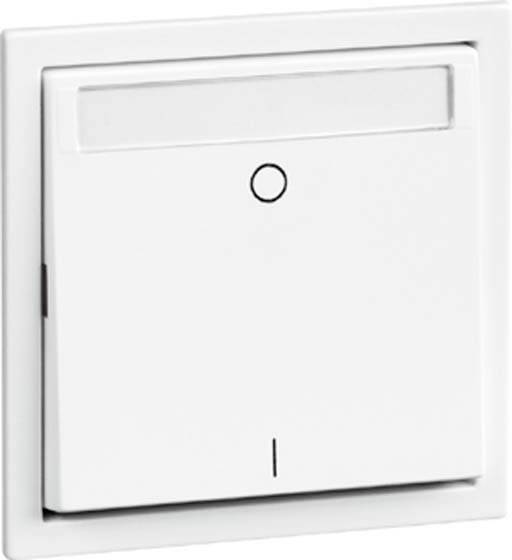 Biały włącznik światła na ścianie w pozycji 'wyłączony', o kwadratowym kształcie z małym kółkiem pośrodku.