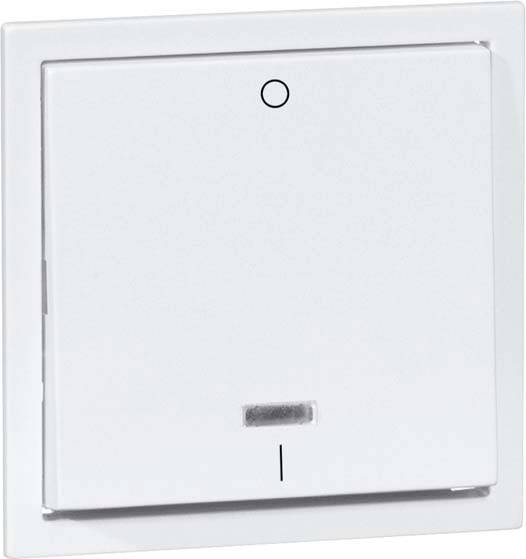 Biały włącznik ścienny z małym symbolicznym kółkiem pośrodku góry oraz pionową kreską na dole.