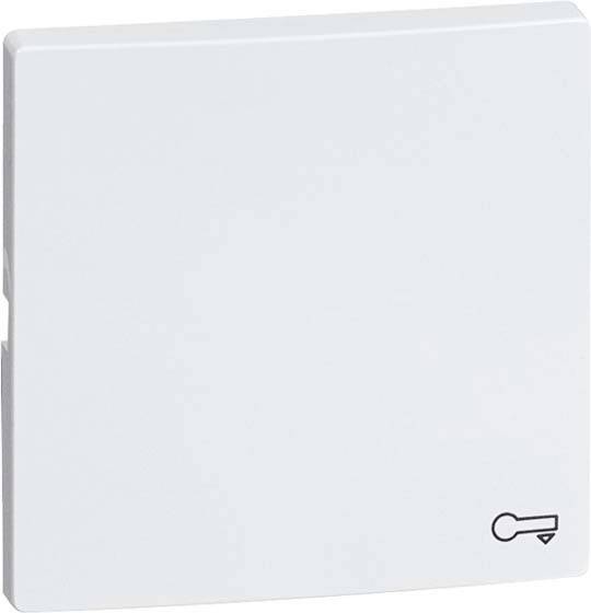 Biały włącznik ścienny z małym symbolem klucza w dolnym rogu symbolizuje funkcję blokady.