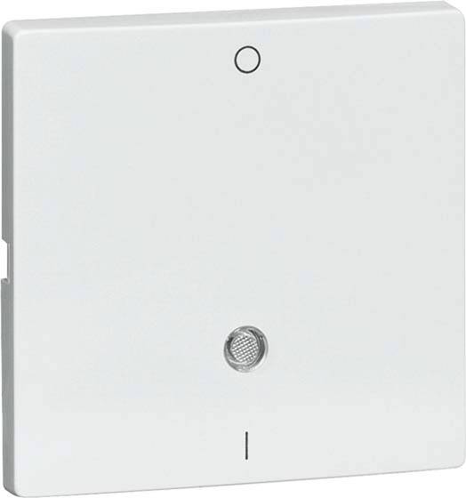 Biały, kwadratowy włącznik naścienny z małym, okrągłym punktem na górze i małym czujnikiem na dole.
